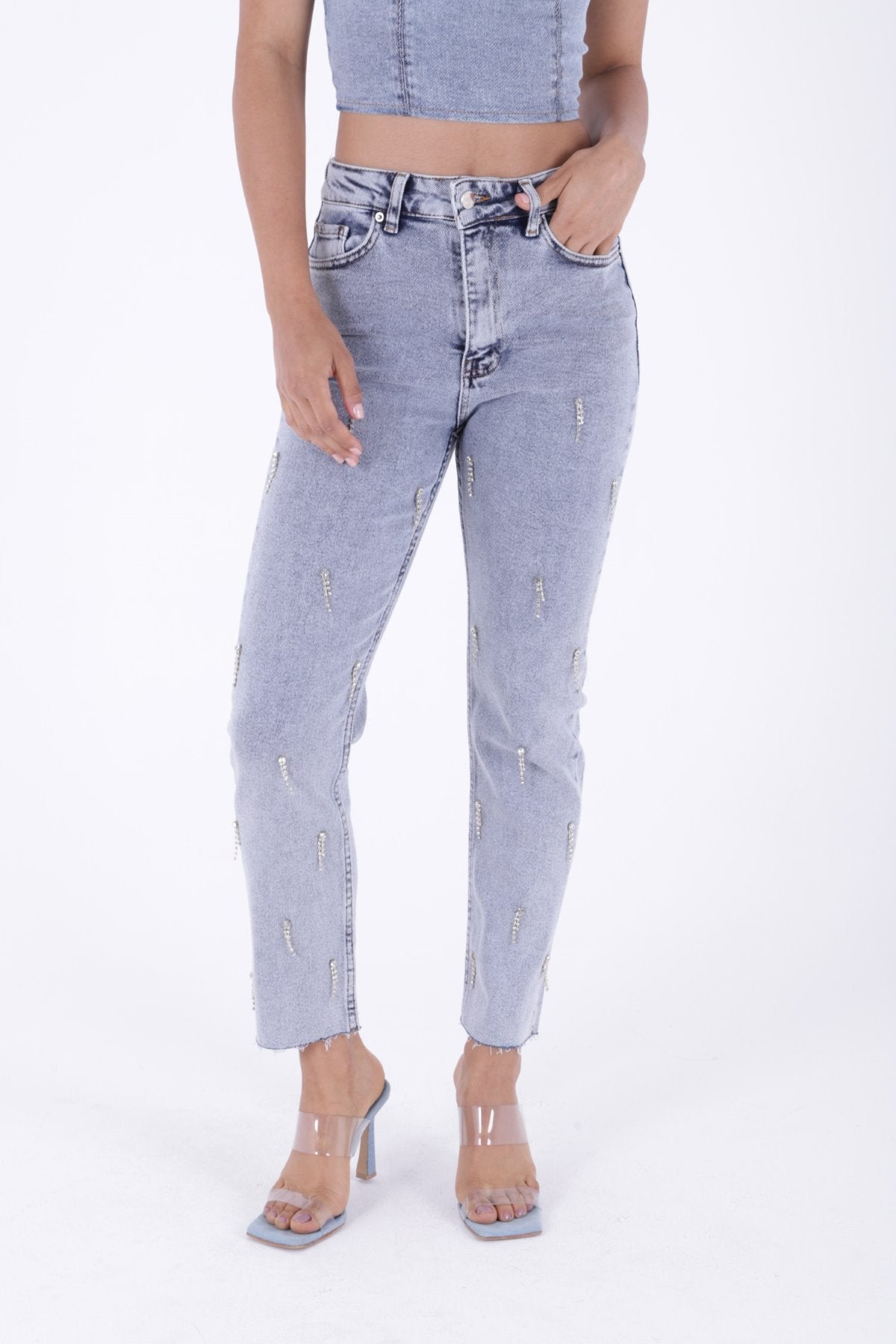 Damla Taşlı Mom Fit Kot Pantolon 7024