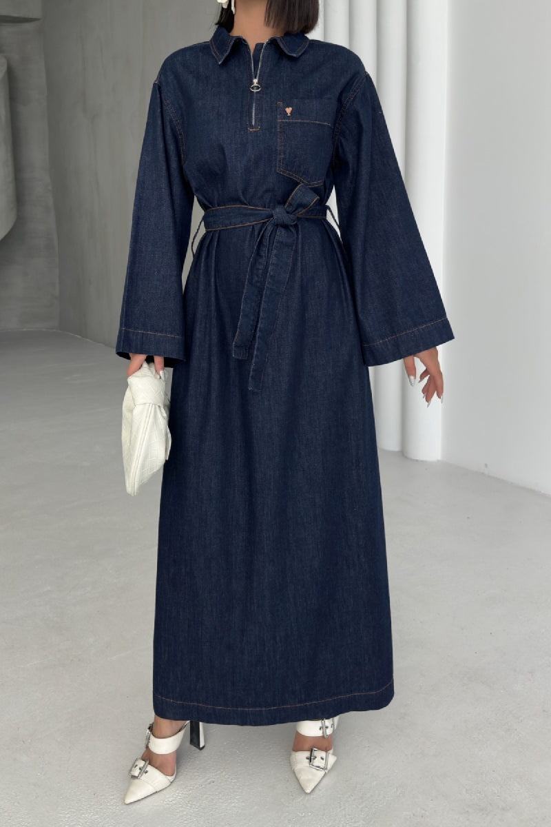 Kuşaklı Uzun Kot Elbise 3035