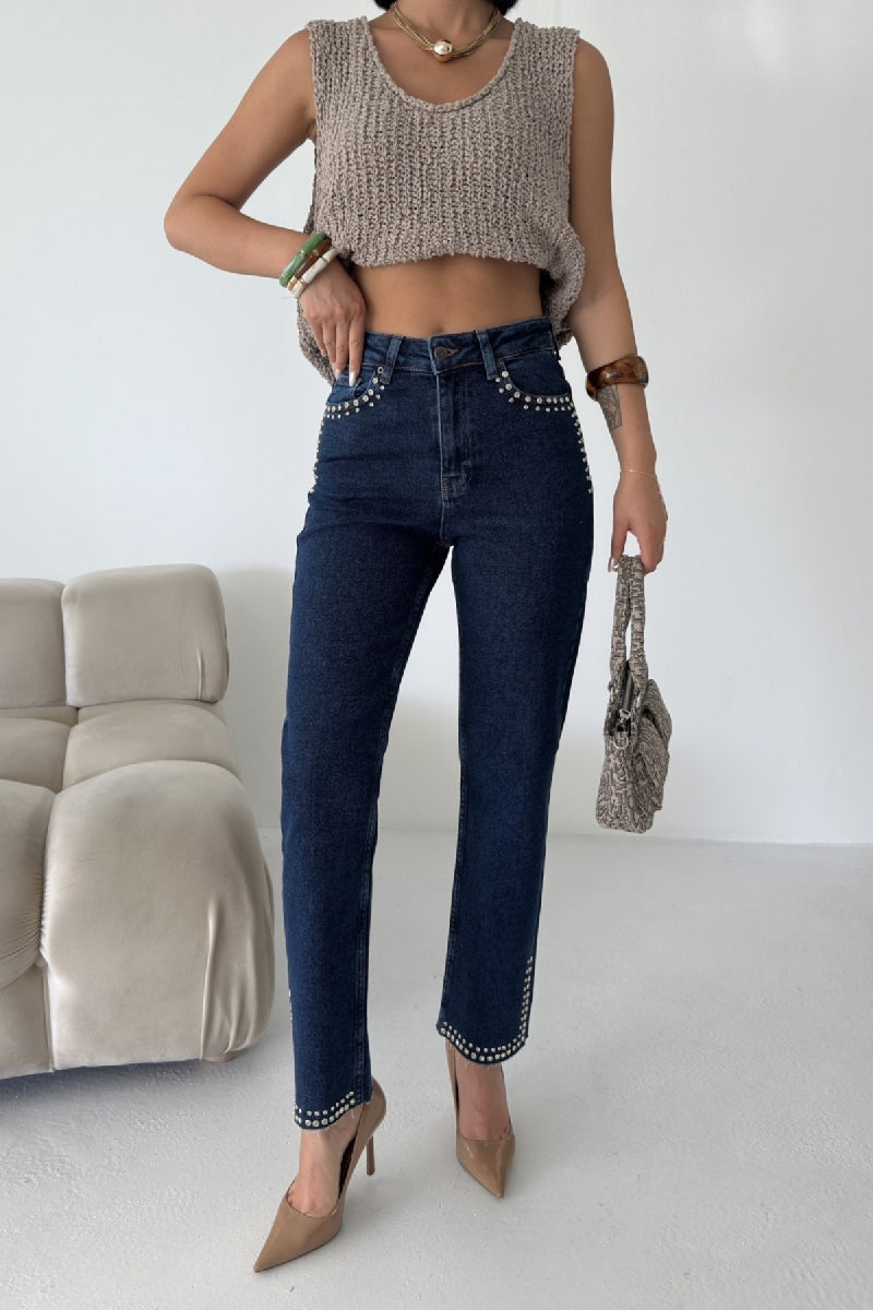 Taşlı Mom Fit Kot Pantolon 7023