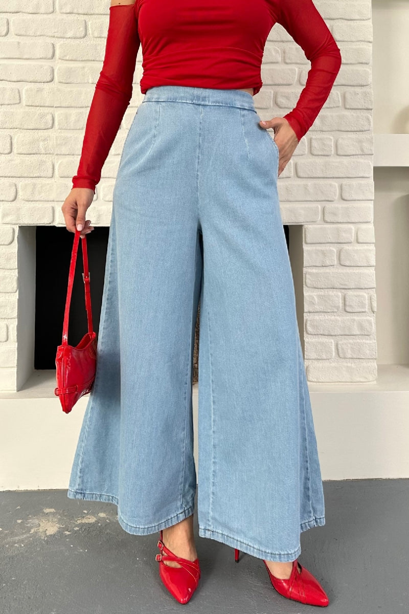 Arkası Lastikli Bol Paça Kot Pantolon 7120