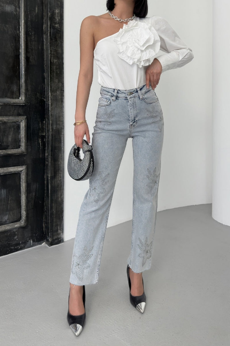 Taşlı Mom Fit Kot Pantolon 7116