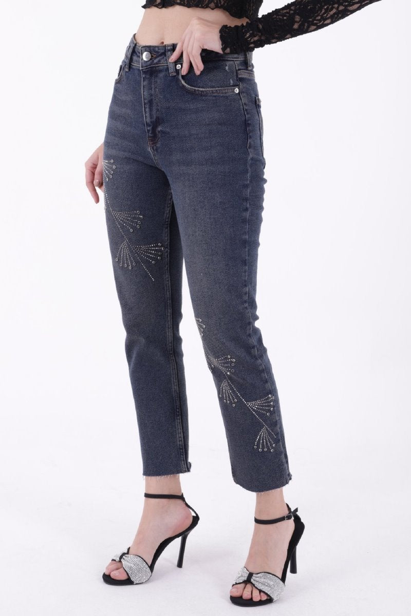 Çapraz Taşlı Mom Fit Kot Pantolon 7054