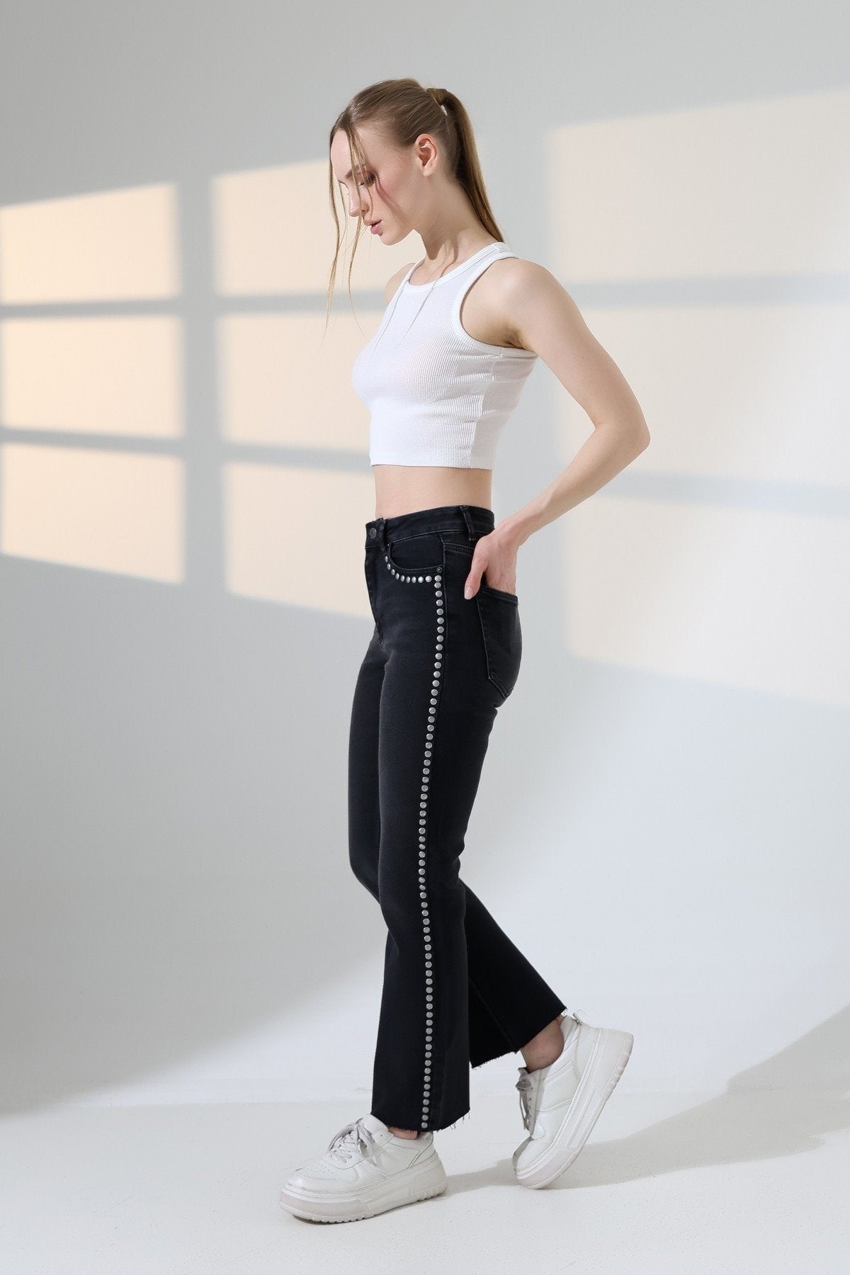 Zımba Taşlı İspanyol Mom Fit Kot Pantolon 7192