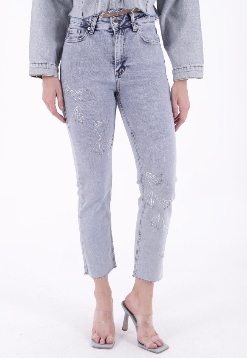 Çapraz Taşlı Mom Fit Kot Pantolon 7054