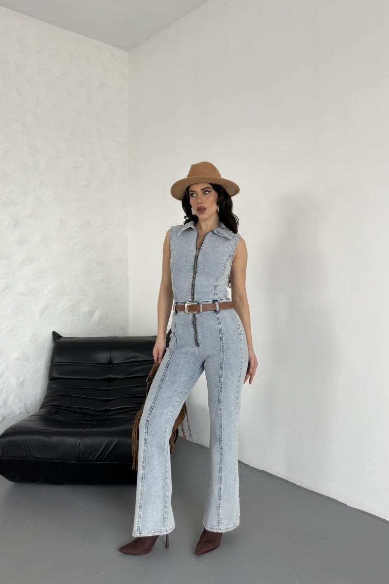 أفرول جينز بدون أكمام بسحاب مع أكواب