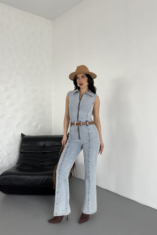 أفرول جينز بدون أكمام بسحاب مع أكواب