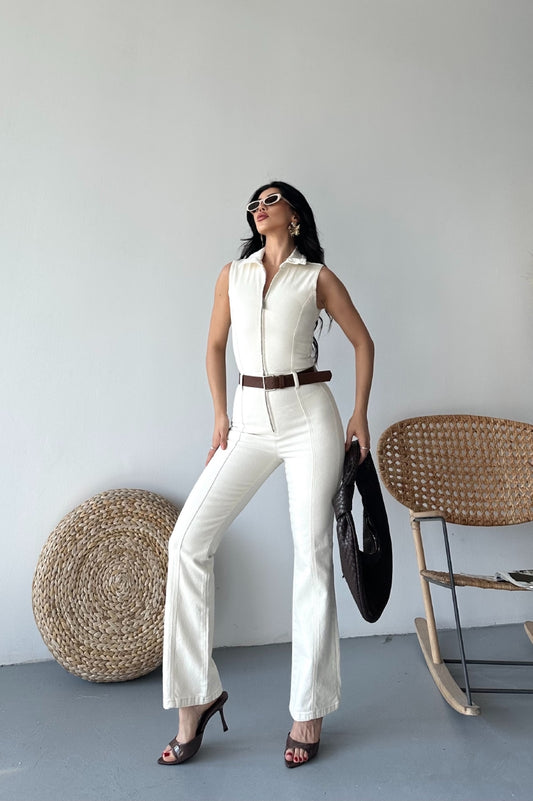 Kuplu Kolsuz Fermuarlı Kot Tulum