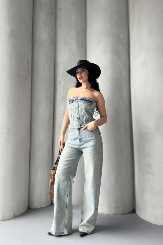 Straplez Detaylı Önü Düğmeli Kot Tulum