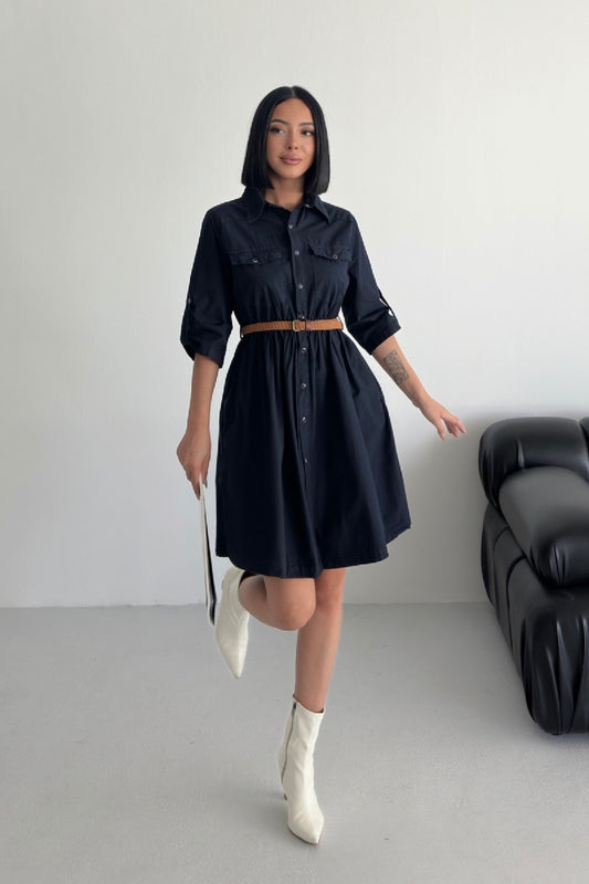 Büzgü Detaylı Kısa Kot Elbise