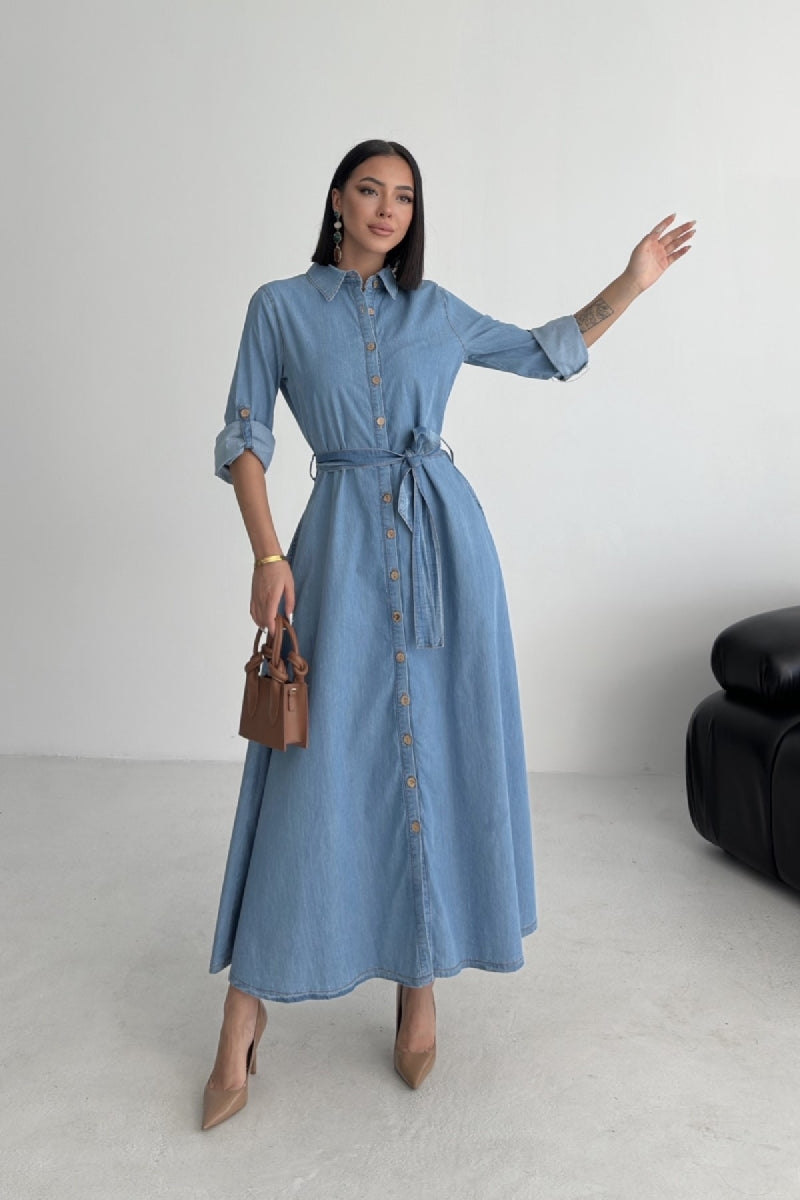 Düğmeli Uzun Boy Kot Elbise