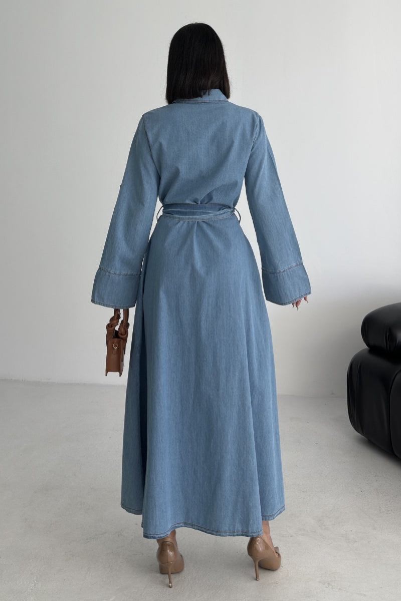 Düğmeli Uzun Boy Kot Elbise