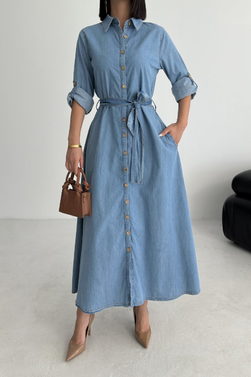 Düğmeli Uzun Boy Kot Elbise