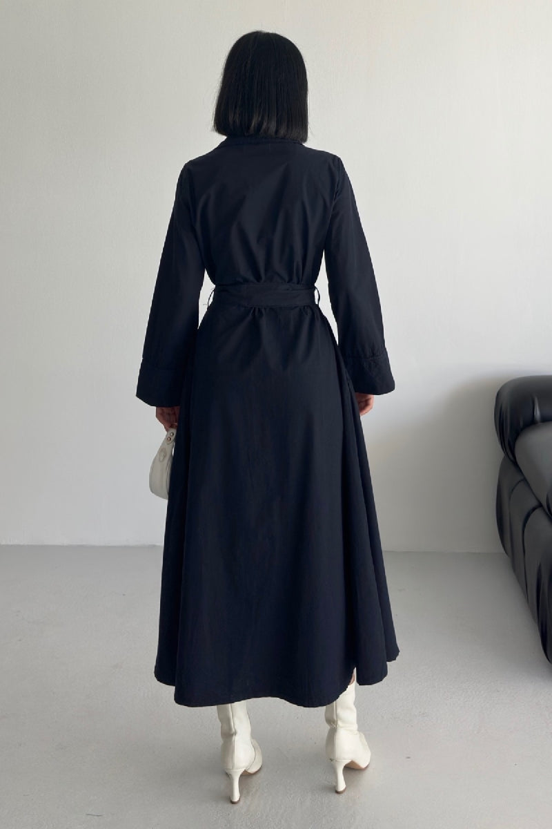 Düğmeli Uzun Boy Kot Elbise