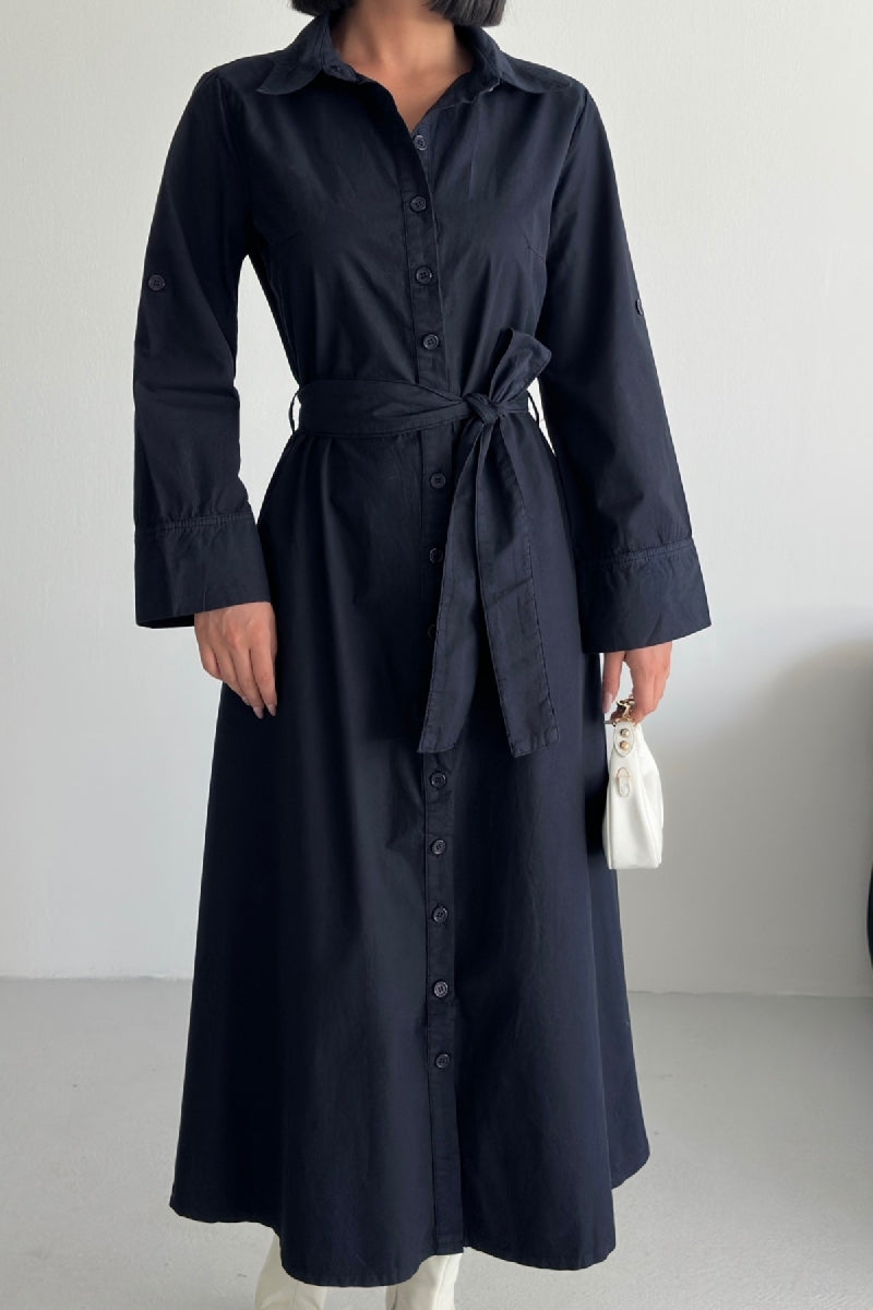 Düğmeli Uzun Boy Kot Elbise