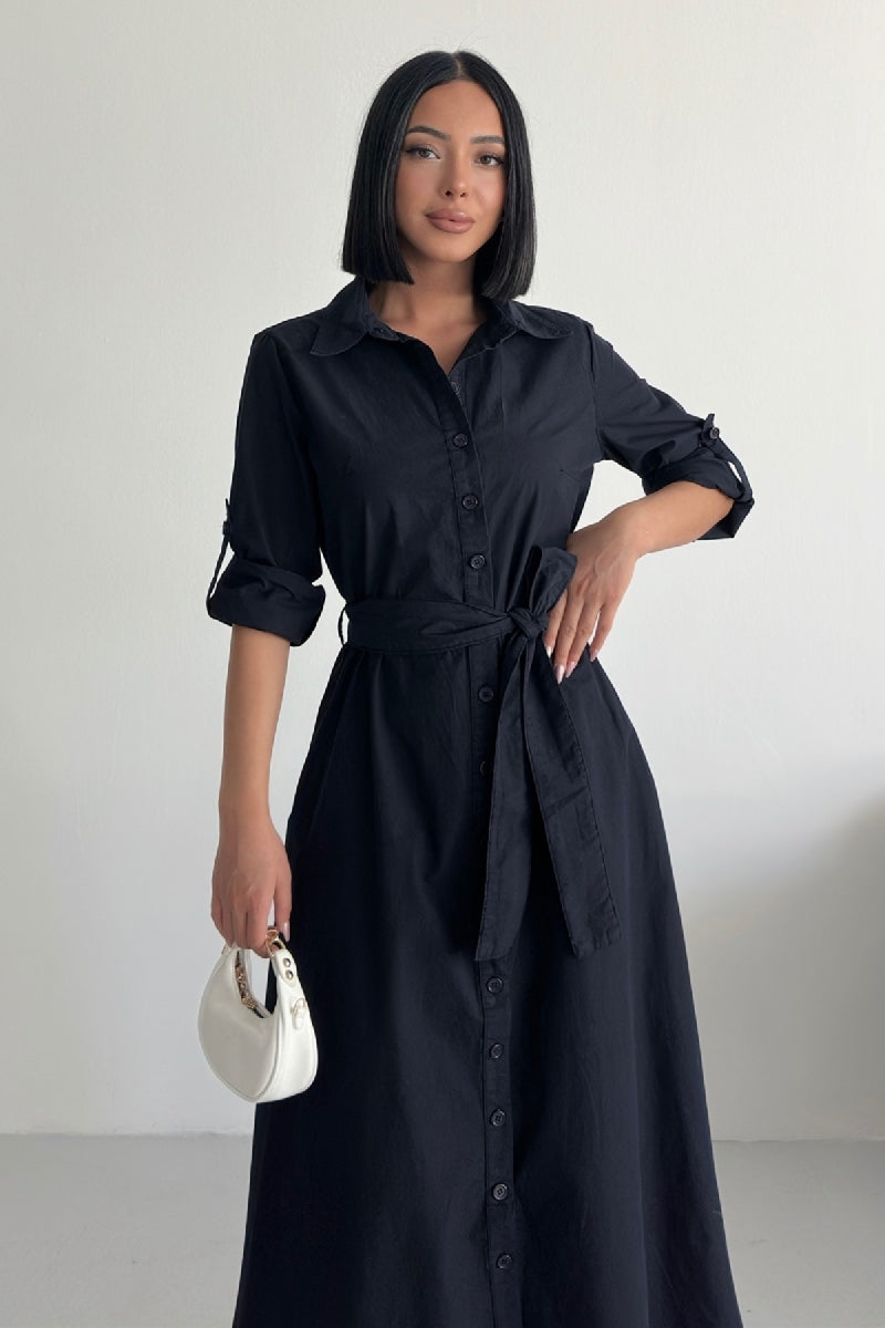 Düğmeli Uzun Boy Kot Elbise