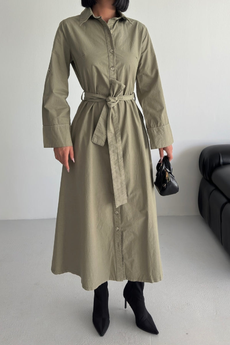 Düğmeli Uzun Boy Kot Elbise