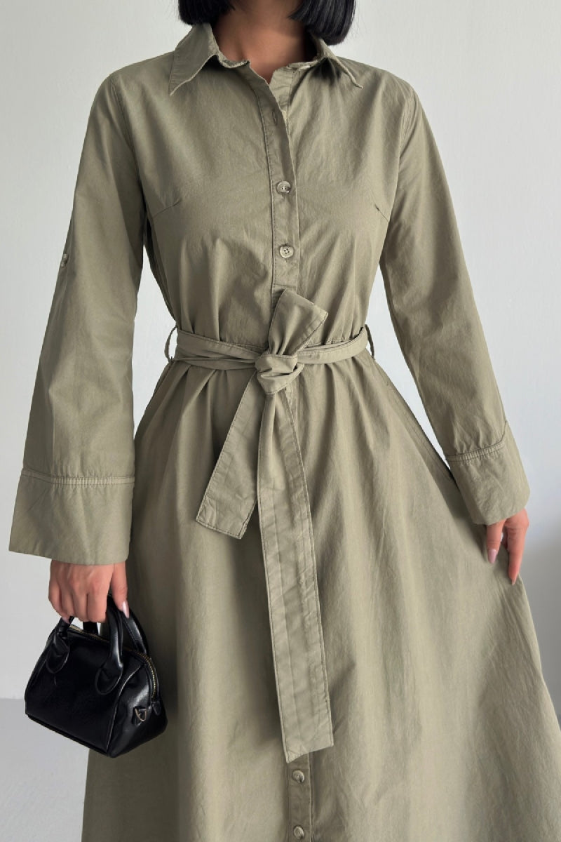 Düğmeli Uzun Boy Kot Elbise