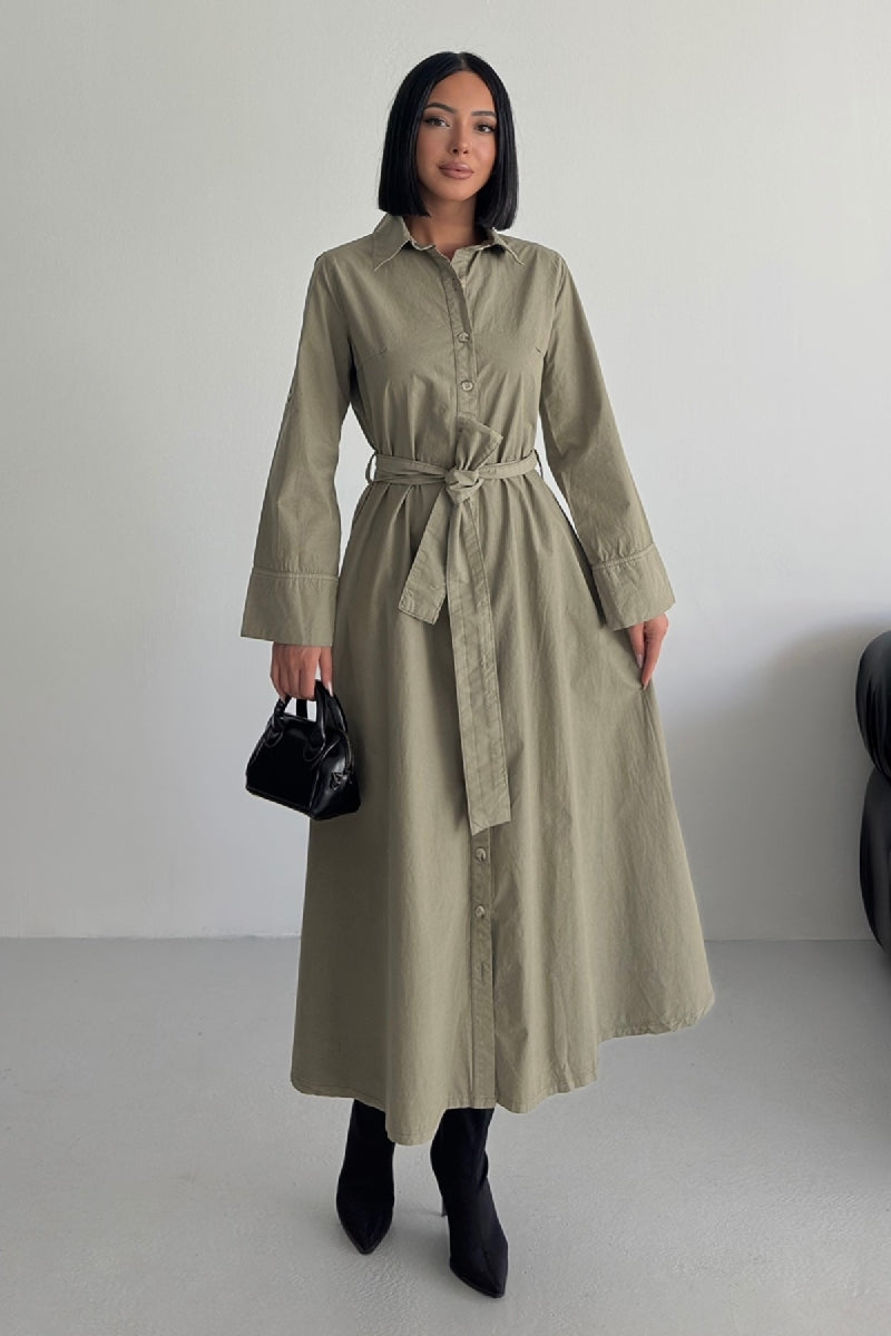 Düğmeli Uzun Boy Kot Elbise