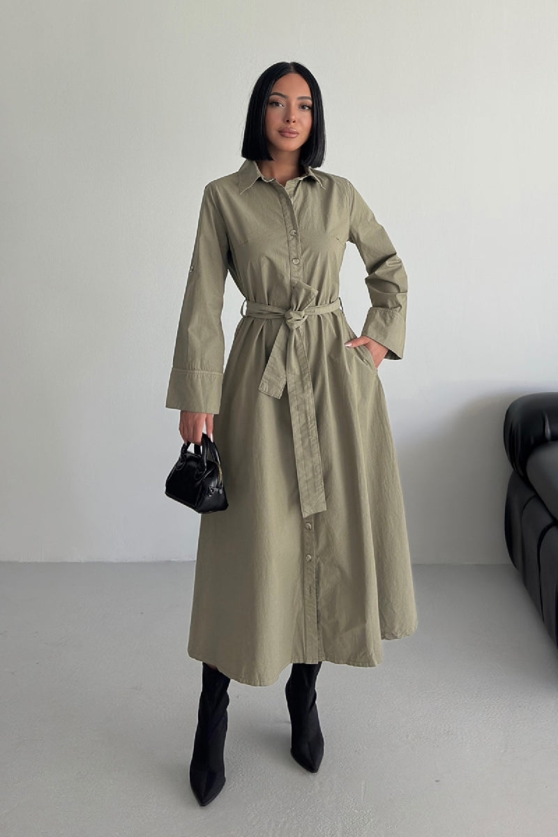 Düğmeli Uzun Boy Kot Elbise