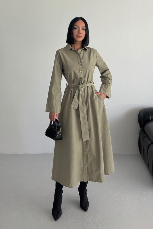 Düğmeli Uzun Boy Kot Elbise