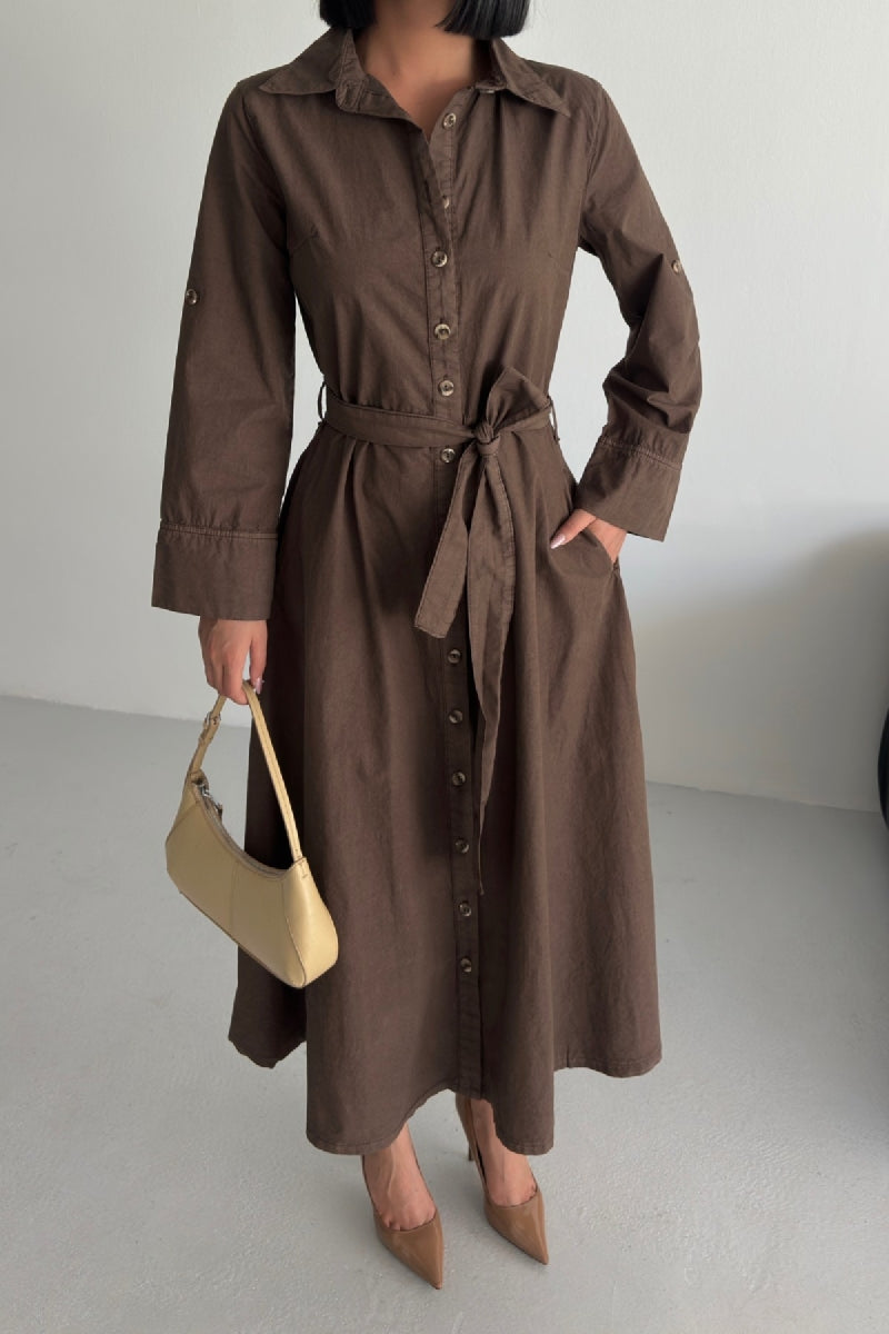 Düğmeli Uzun Boy Kot Elbise