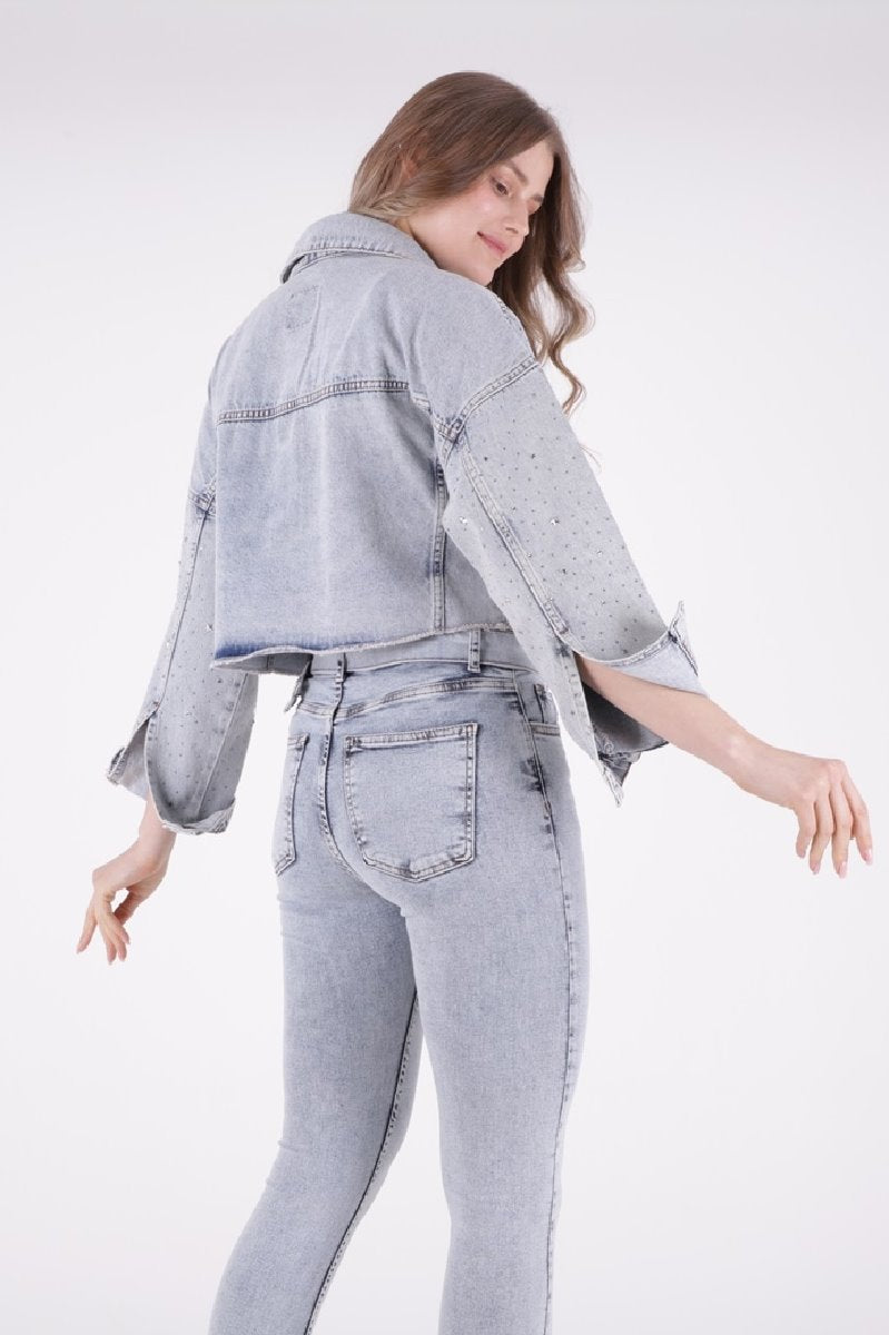 Taşlı Kısa Oversize Kot Ceket 6005