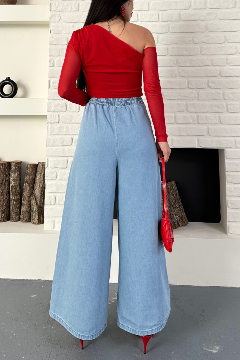 Arkası Lastikli Bol Paça Kot Pantolon 7120