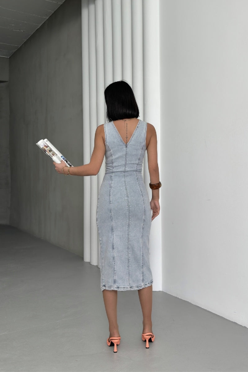 Likralı Kuplu Ayarlanabilir Askılı Kot Elbise 3021