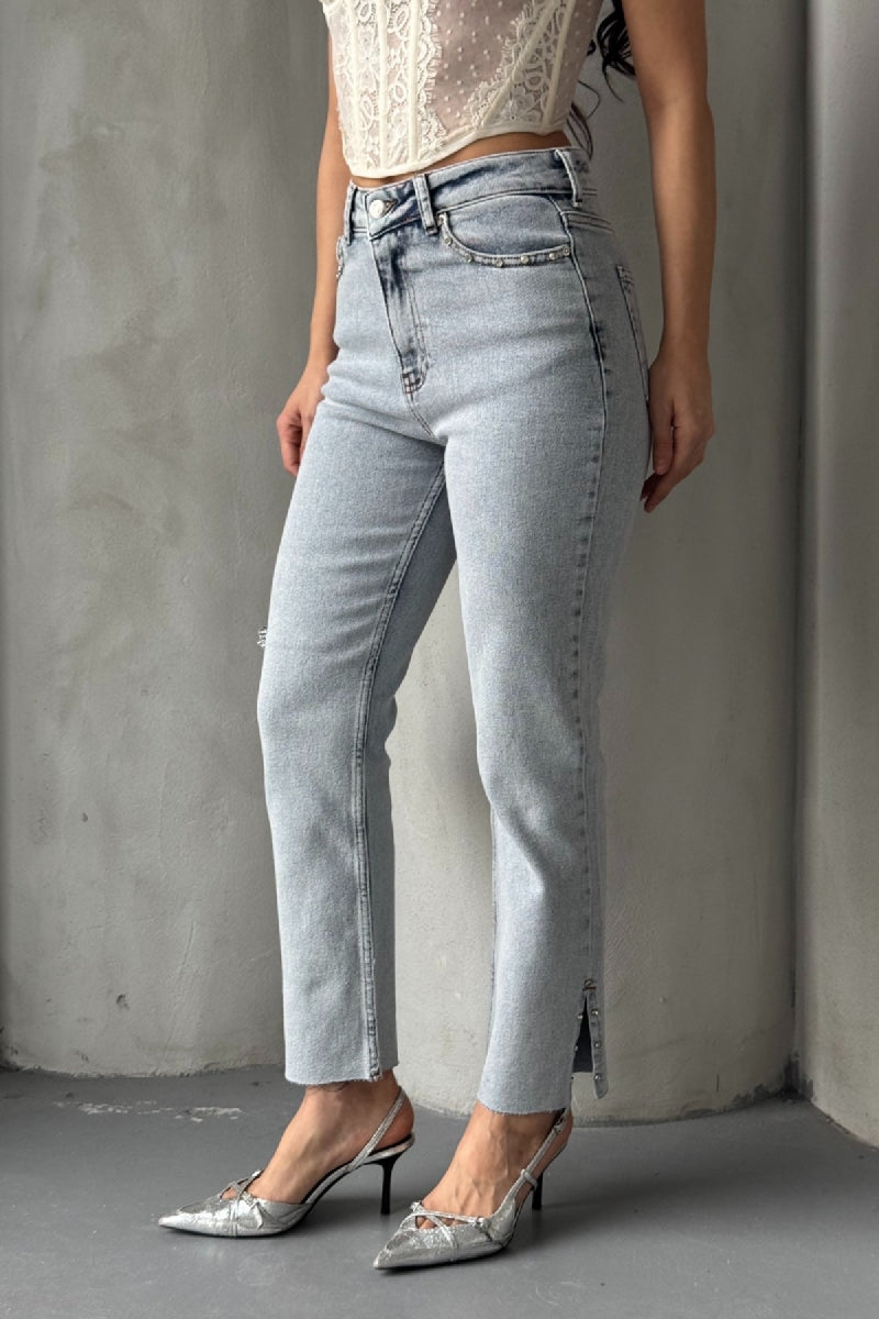 Yanı Yırtmaçlı Flare Paça Mom Kot Pantolon 1774