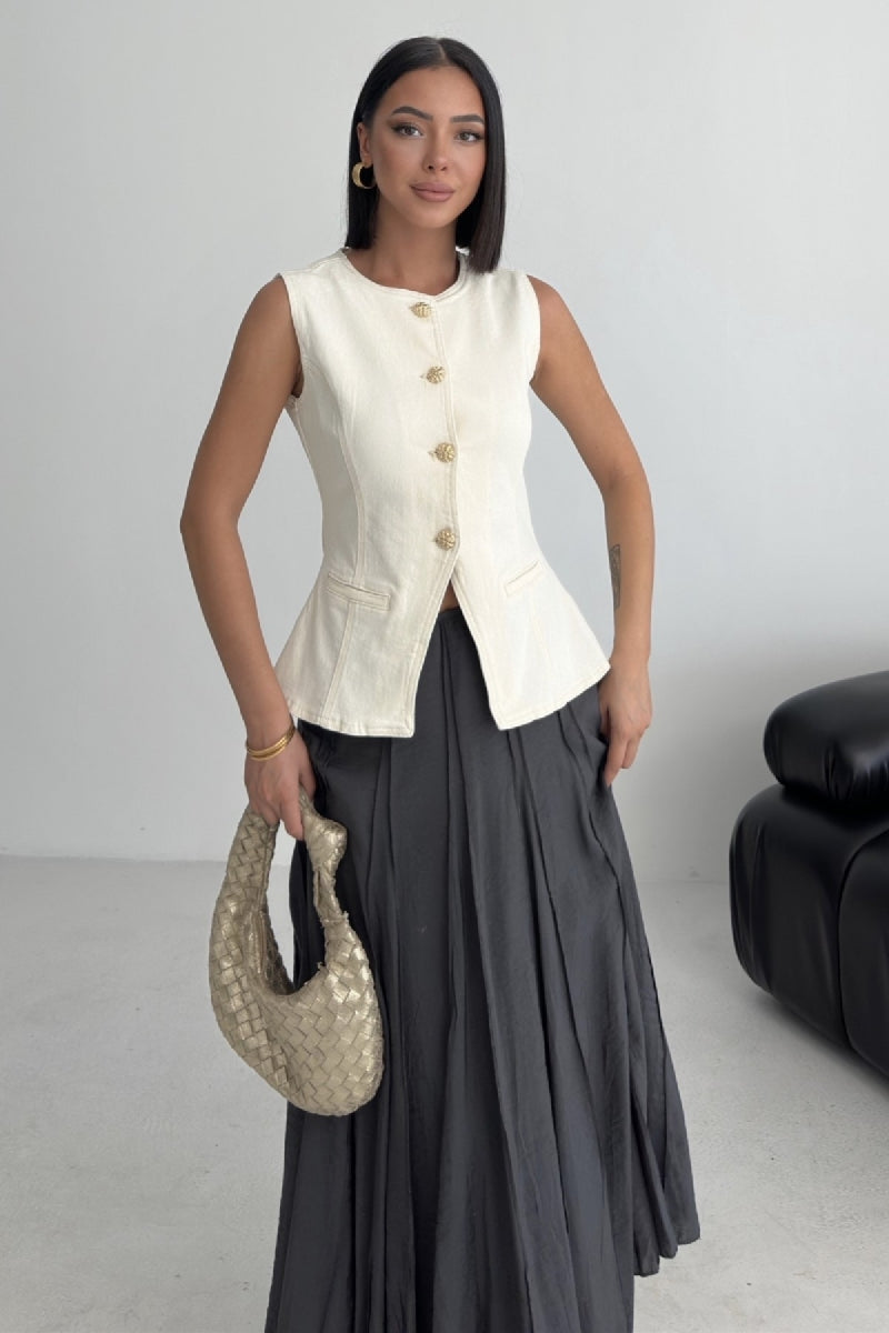 Belden Oturtmalı Düğmeli Kot Yelek 6086