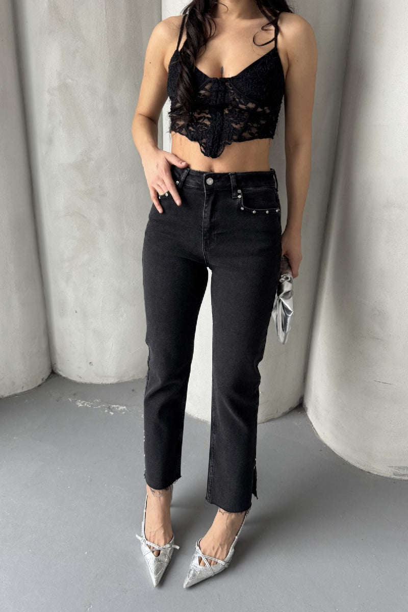 Yanı Yırtmaçlı Flare Paça Mom Kot Pantolon 1774