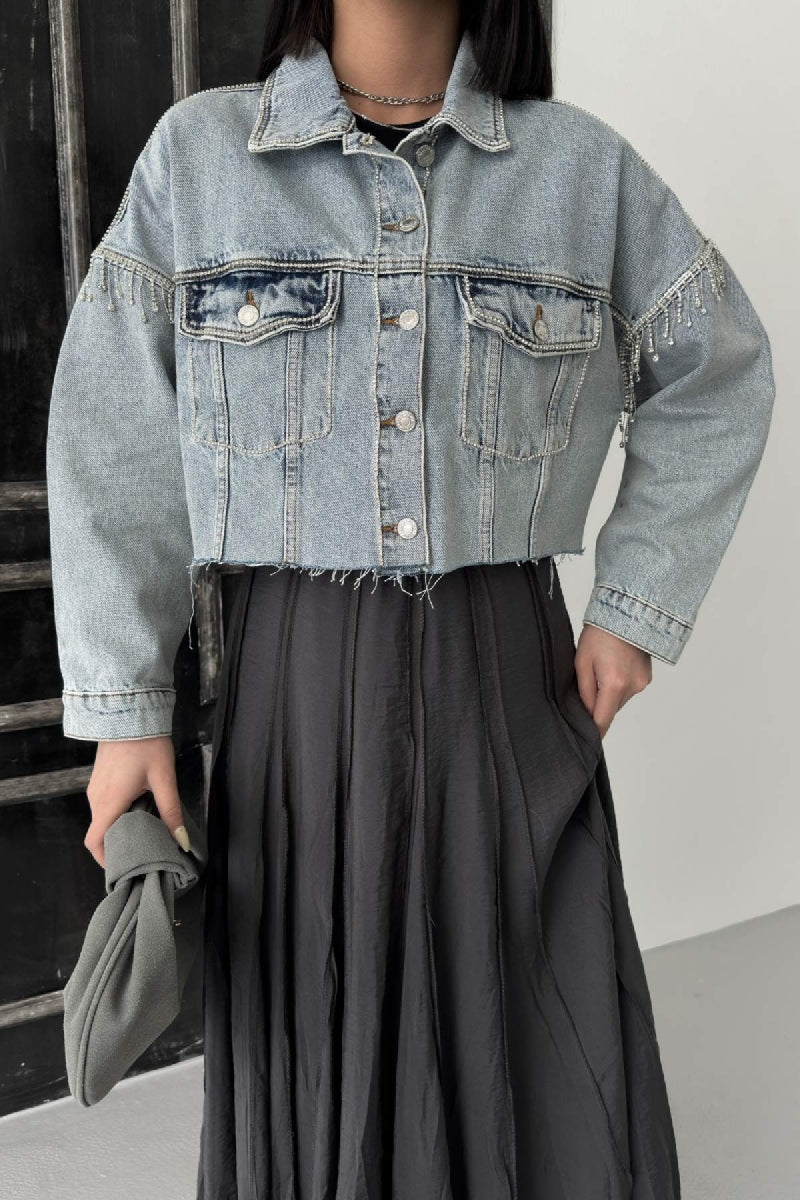 Taşlı Kısa Oversize Kot Ceket 6084