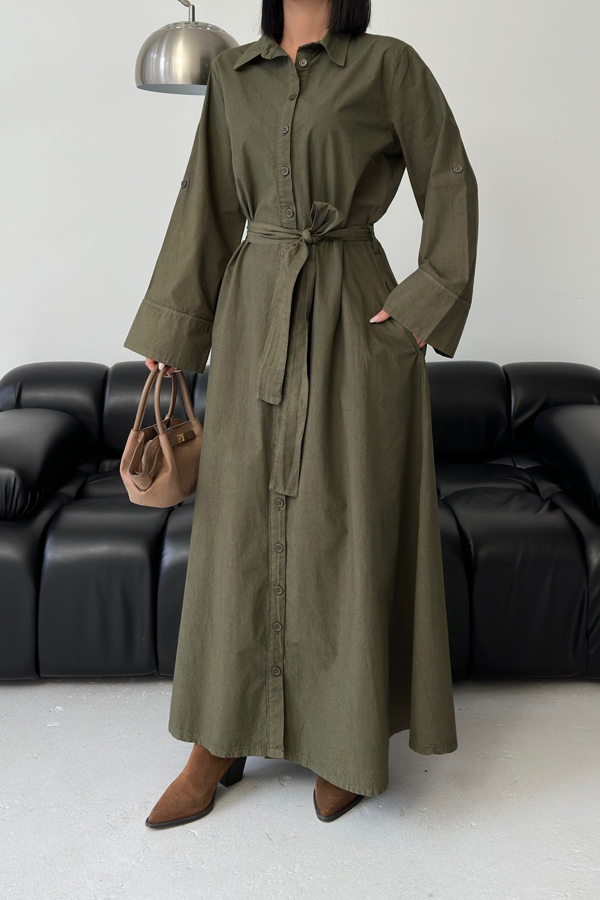 Düğmeli Uzun Boy Kot Elbise 3047