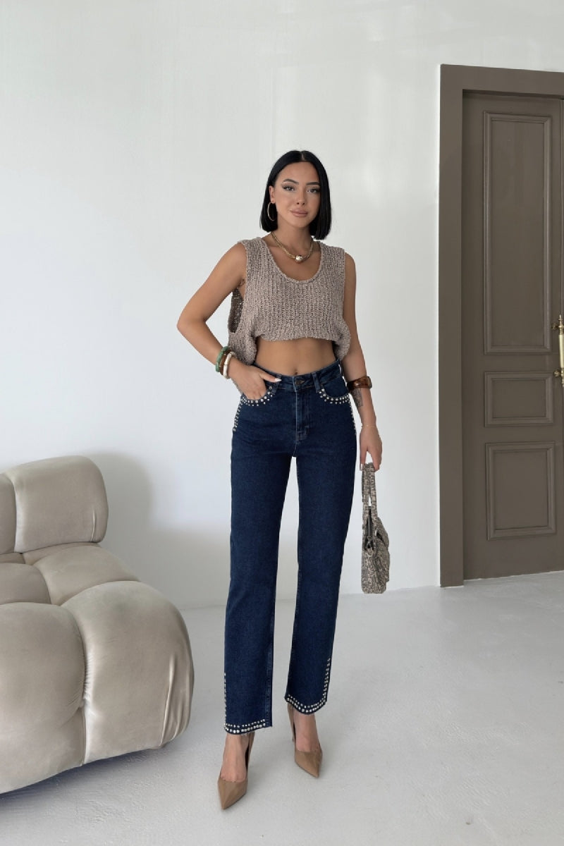 Taşlı Mom Fit Kot Pantolon 7023