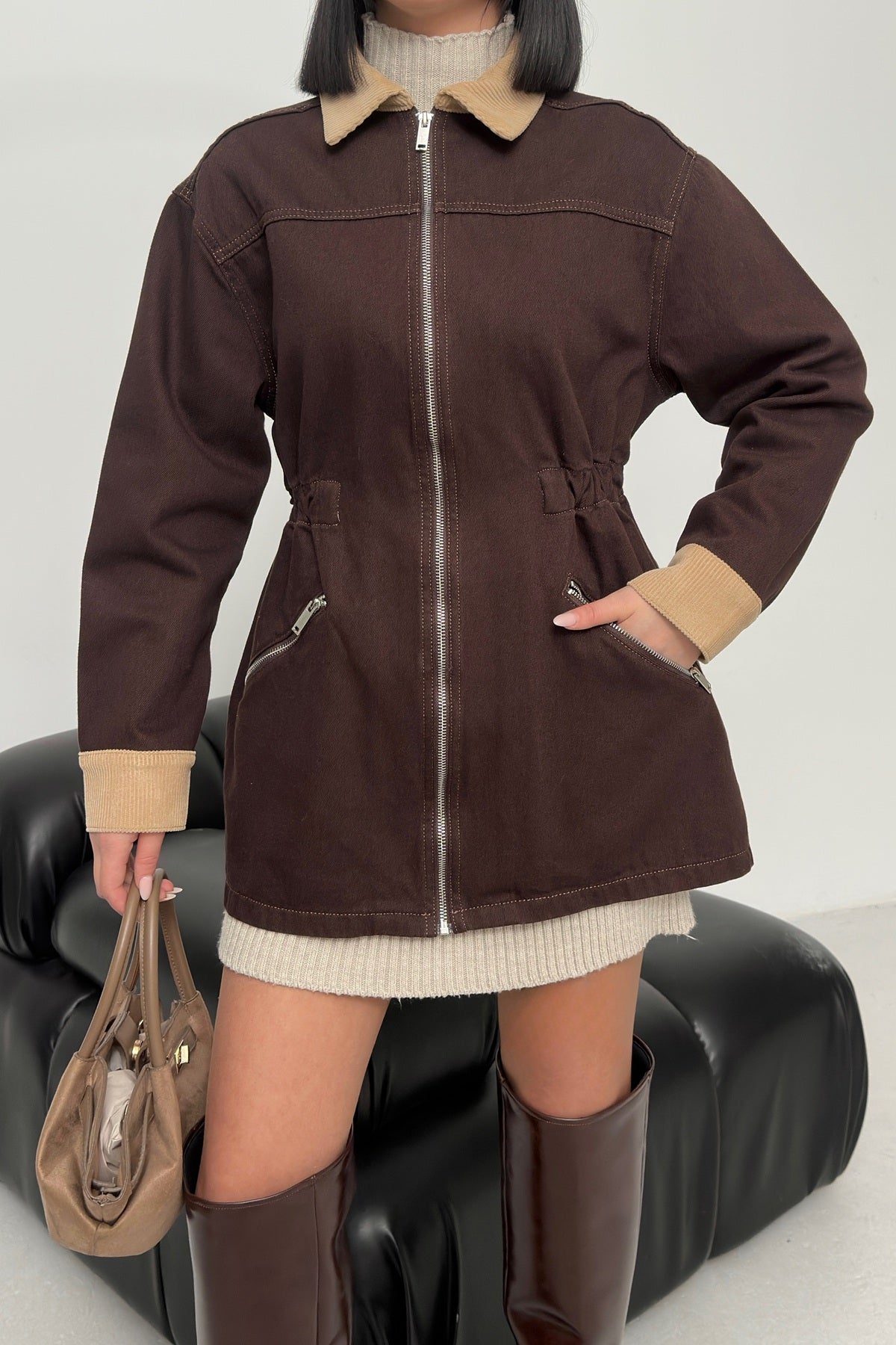 Kadife Detaylı Fermuarlı Kot Ceket 6129