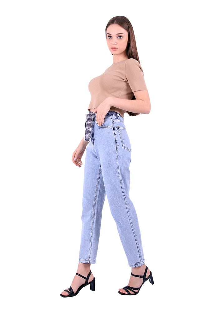 Yüksek Belli Kot Kemerli Mom Kot Pantolon 1896