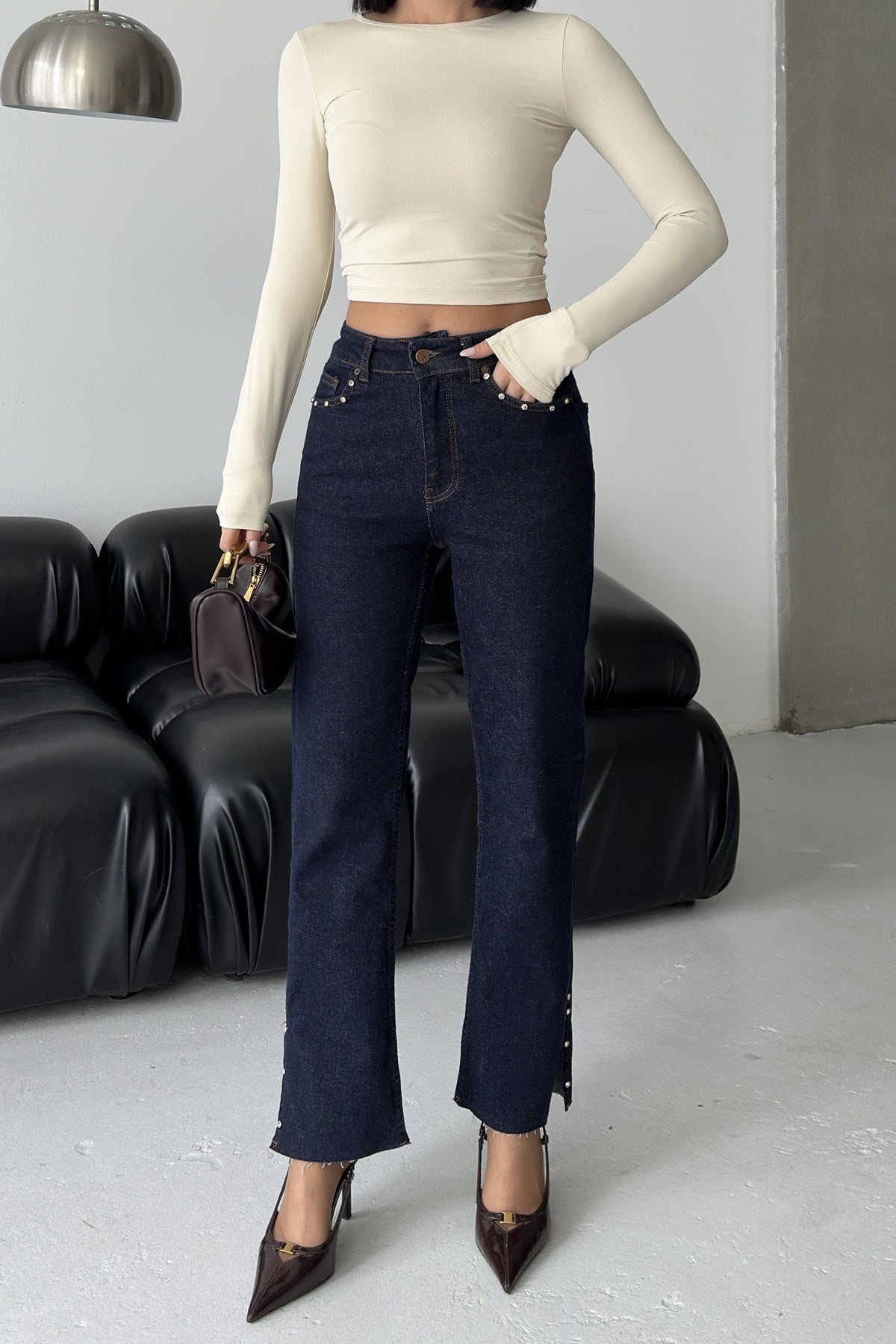 Yanı Yırtmaçlı Flare Paça Mom Kot Pantolon 1774