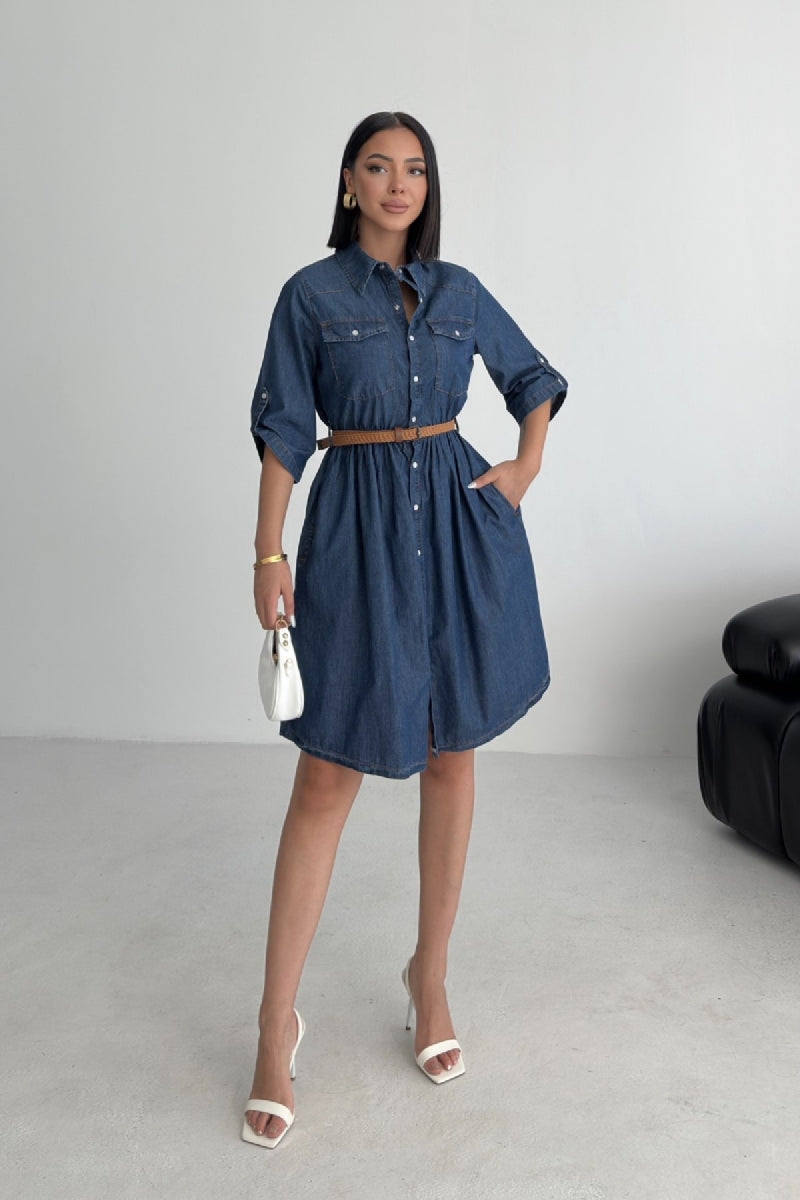 Büzgü Detaylı Kısa Kot Elbise 3040