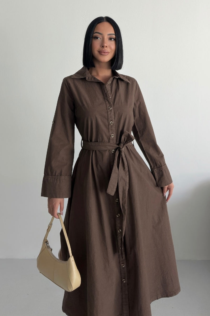 Düğmeli Uzun Boy Kot Elbise 3047