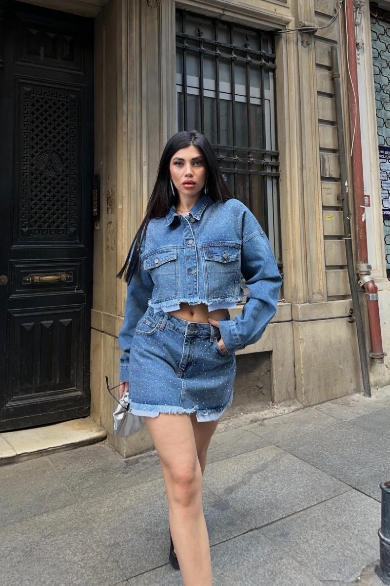Taşlı Mini Kot Etek 1089