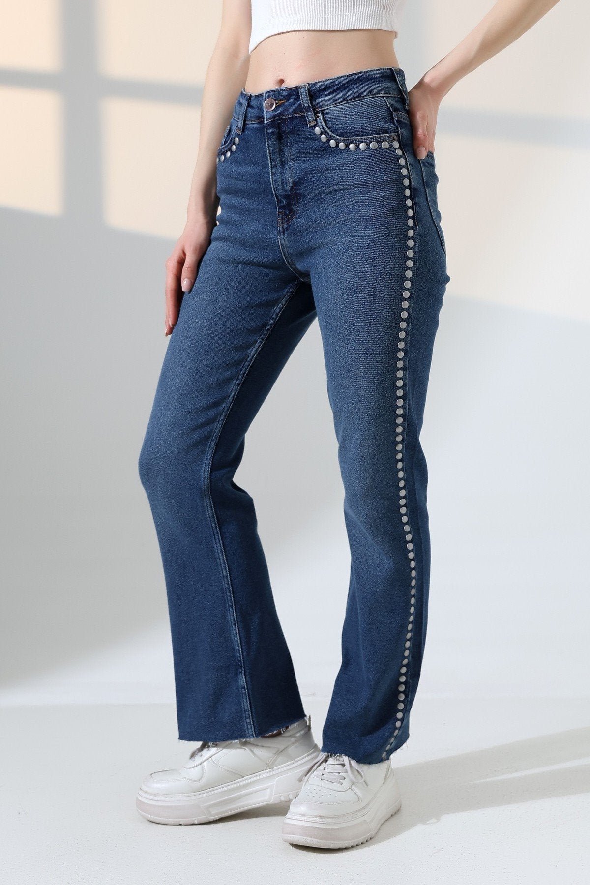 Zımba Taşlı İspanyol Mom Fit Kot Pantolon 7192