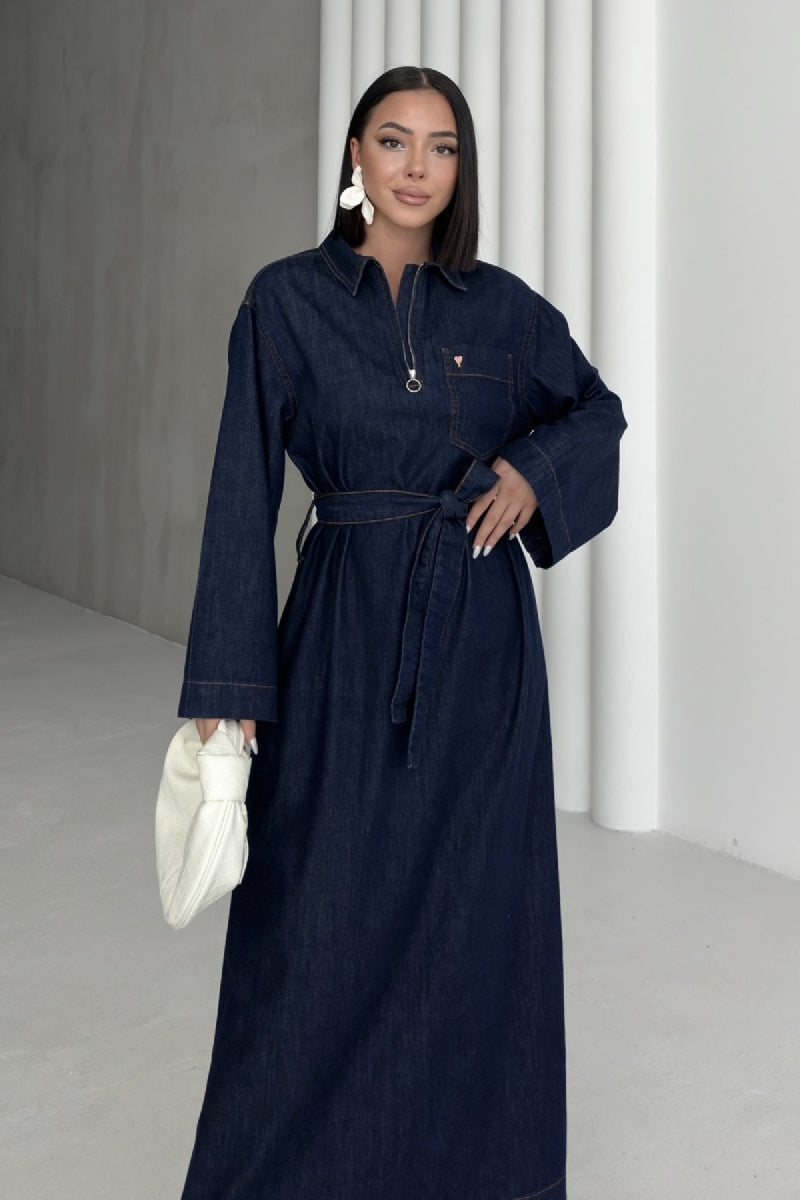 Kuşaklı Uzun Kot Elbise 3035