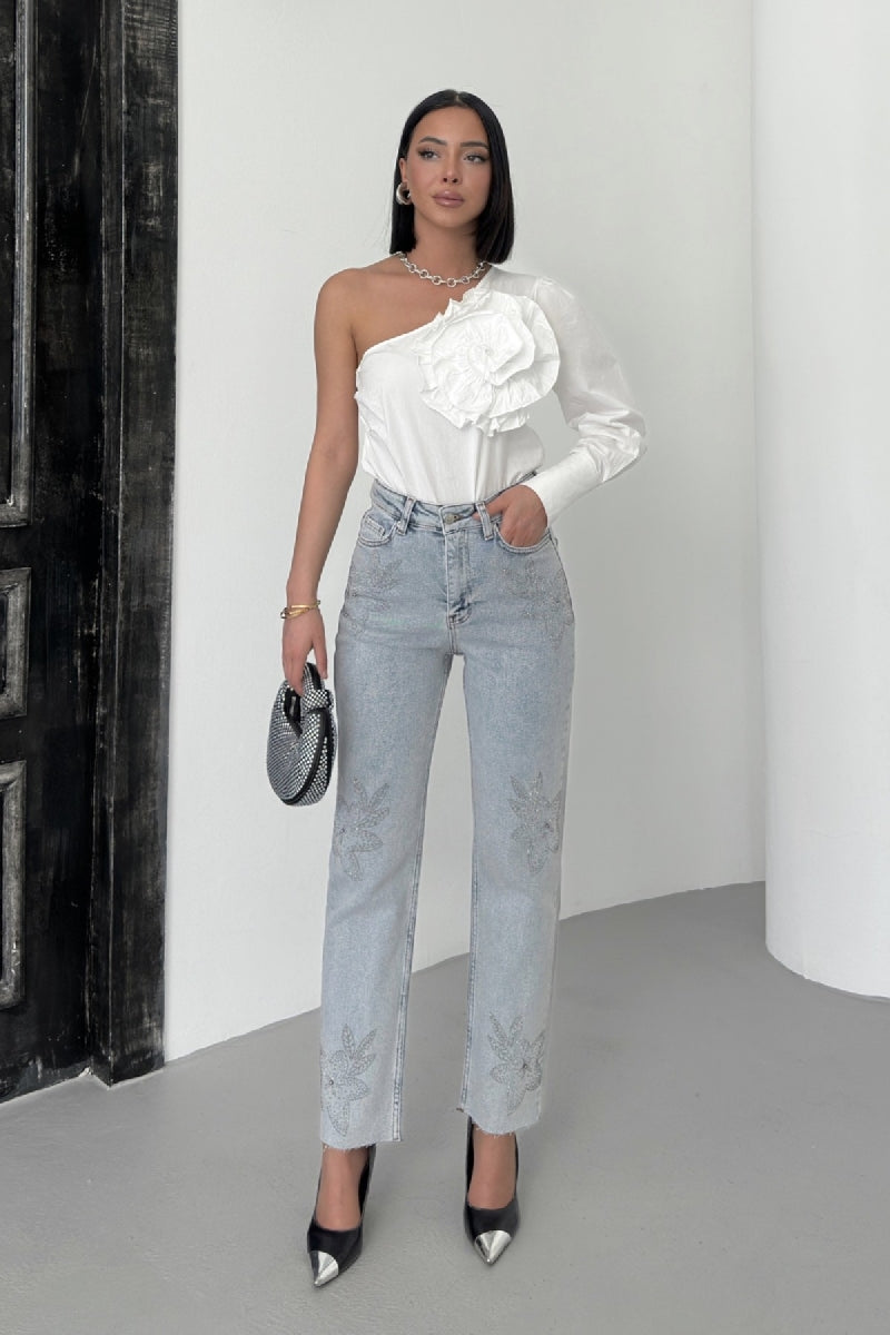 Taşlı Mom Fit Kot Pantolon 7116