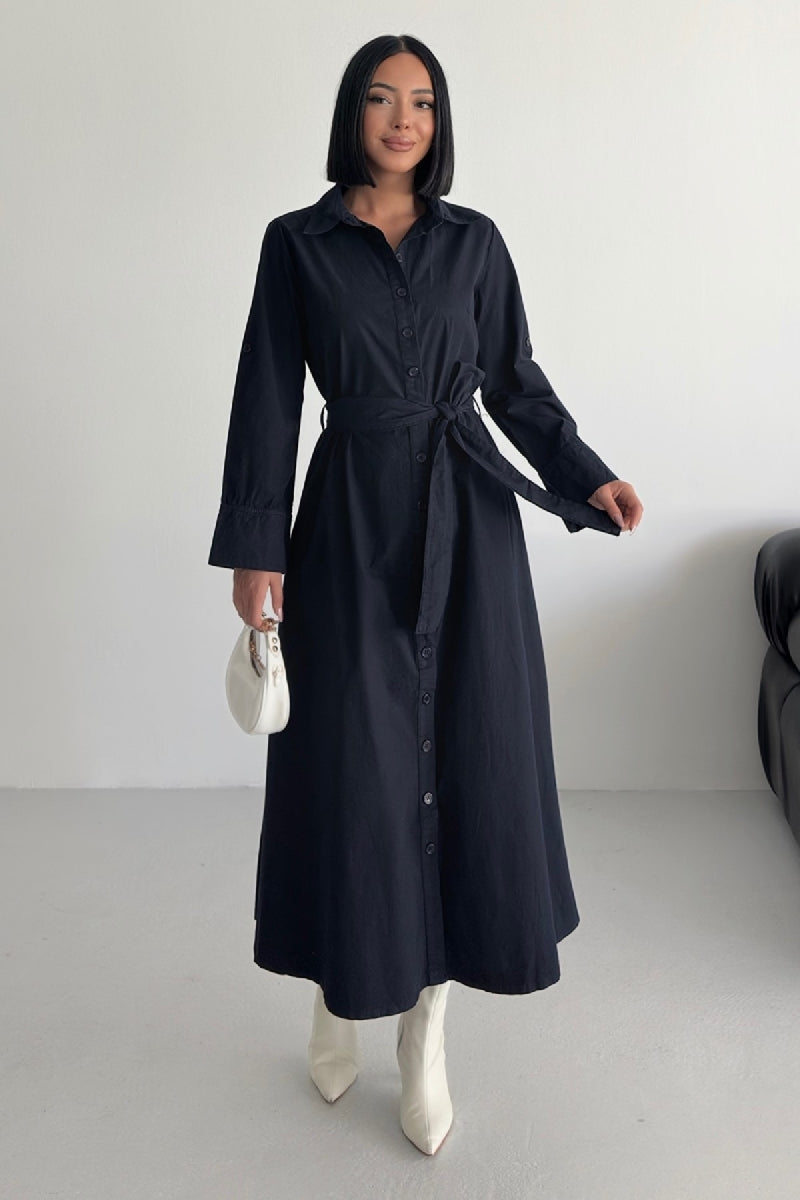 Düğmeli Uzun Boy Kot Elbise 3047