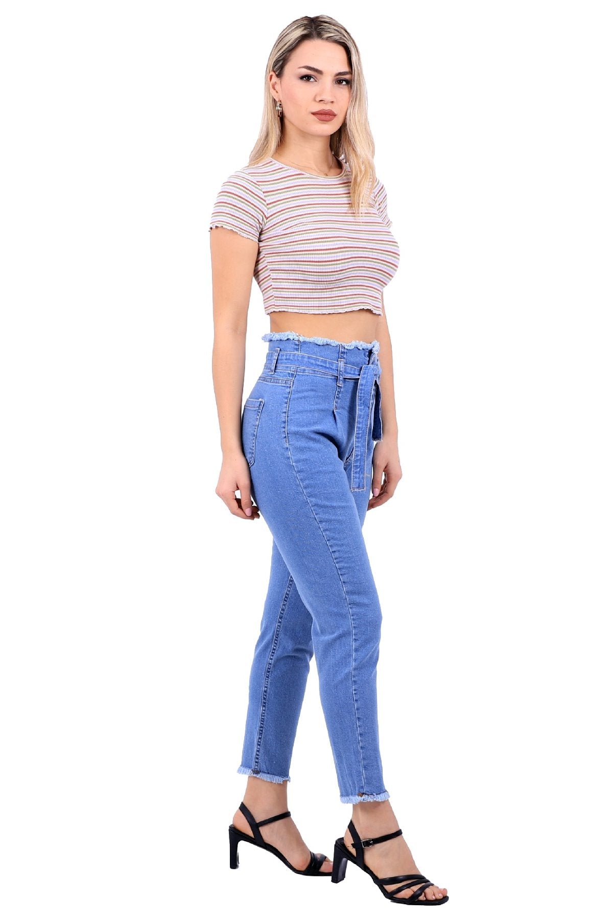 Beli Yüksek Bel Havuç Kemerli Kot Pantolon 736