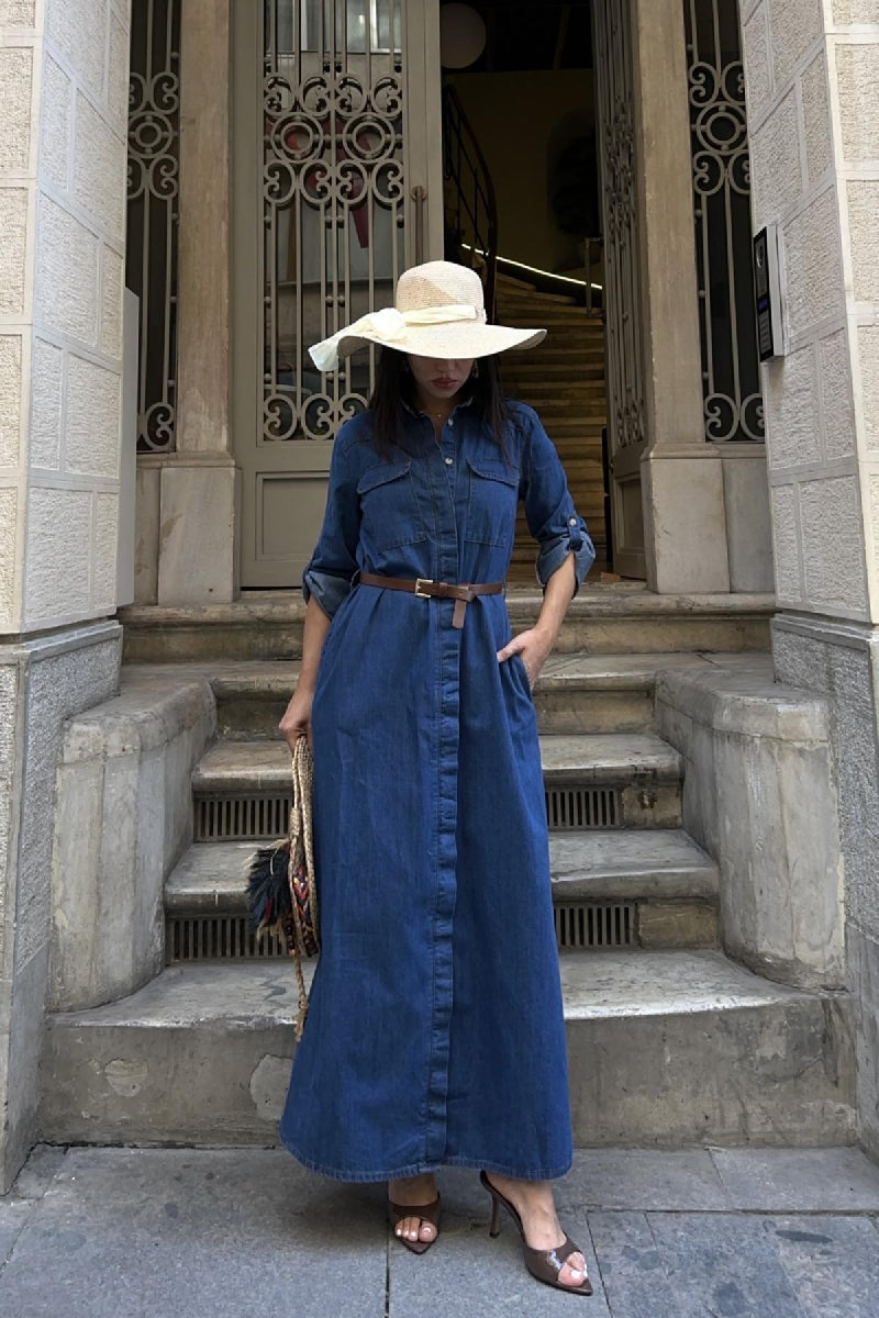 Düğmeli Uzun Elbise 3039