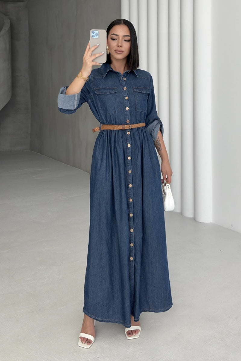 Düğmeli Uzun Kot Elbise 3041