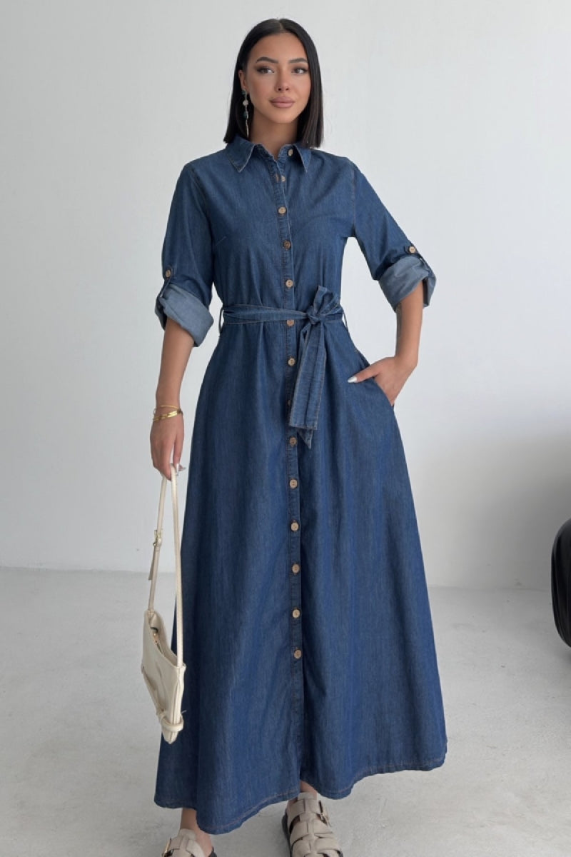 Düğmeli Uzun Boy Kot Elbise 3047