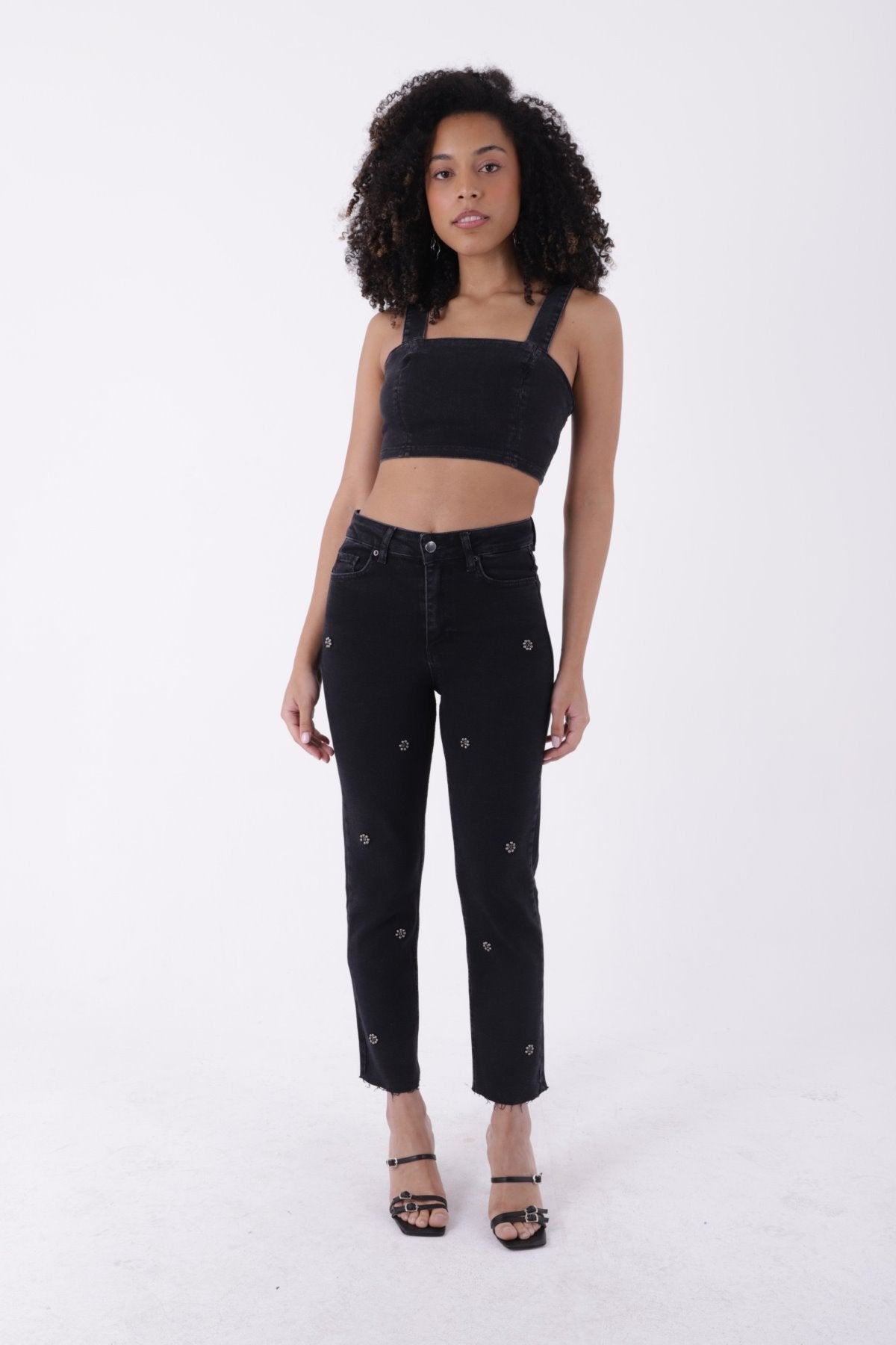 İncili Çiçek Desenli Mom Fit Kot Pantolon 7022