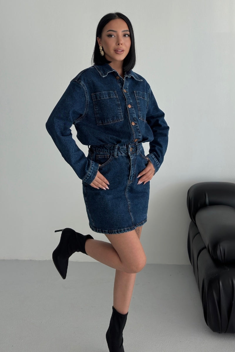 Düğmeli Mini Kot Elbise 3027